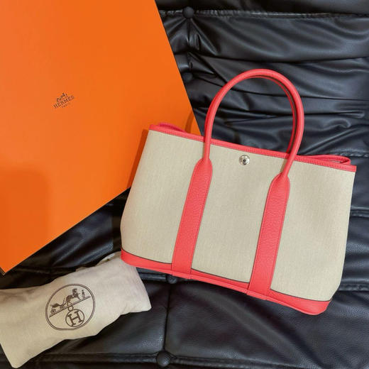 爱马仕 花园 30 帆布拼皮 银扣 手提包 商品图0