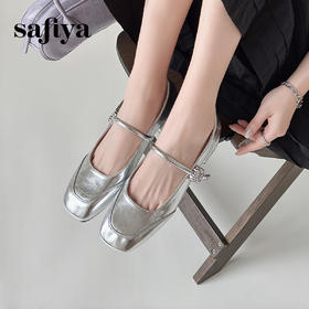 Safiya/索菲娅2025法式方头钻扣时尚低跟浅口银色玛丽珍单鞋SFD3111415