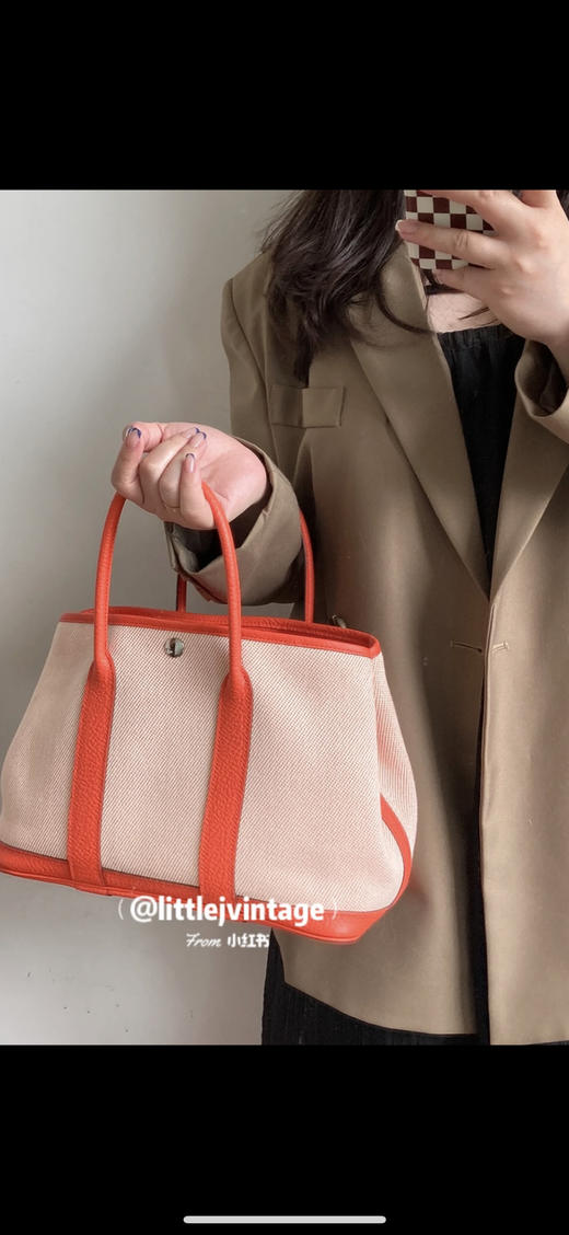 爱马仕 花园 30 帆布拼皮 银扣 手提包 商品图3