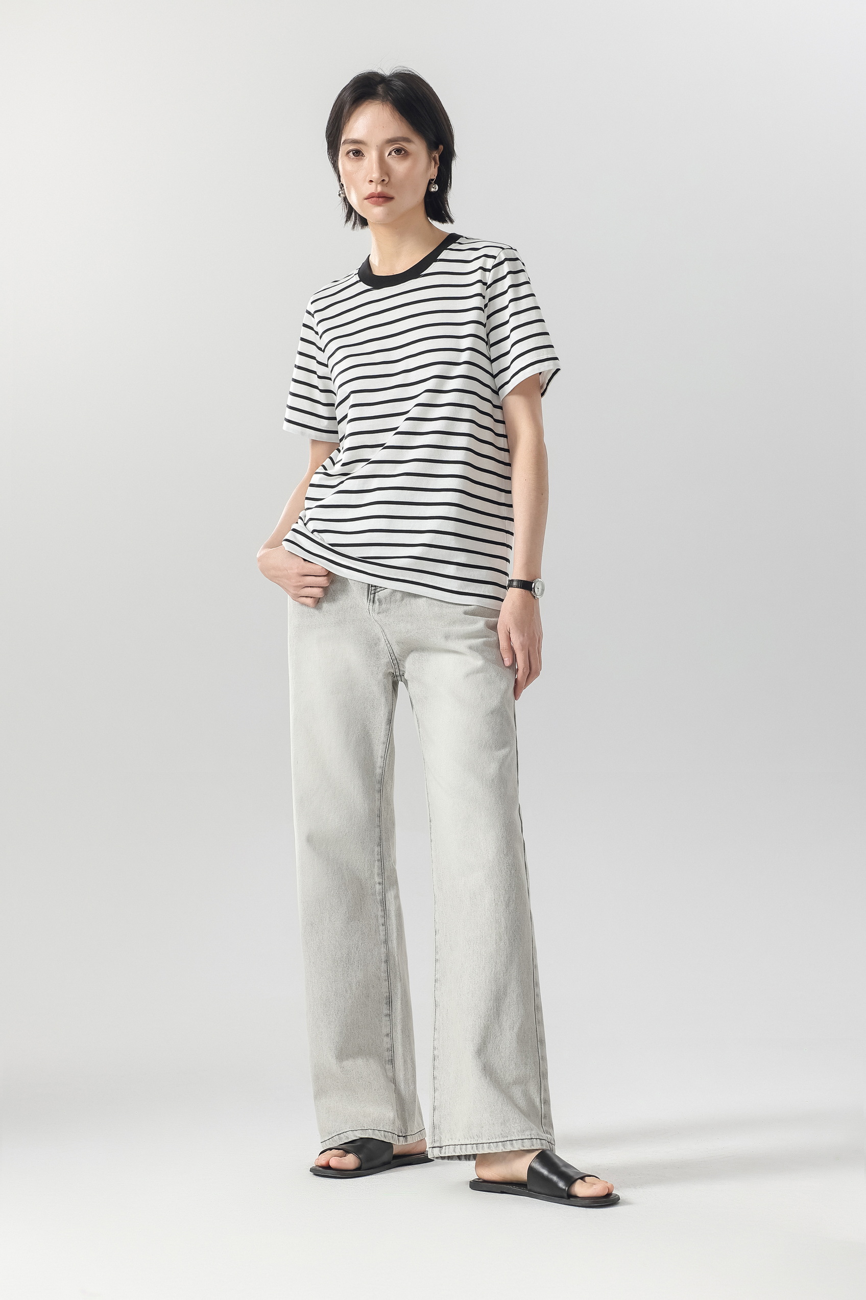 基础圆领条纹小满T