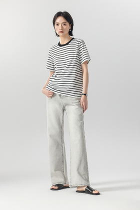 基础圆领条纹小满T