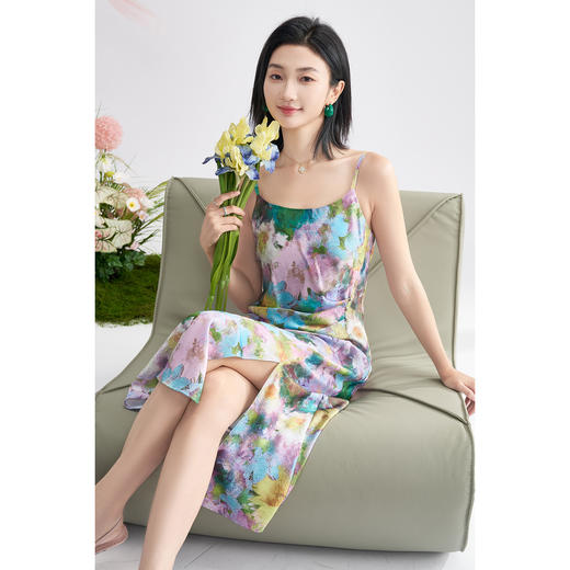 复古油画风吊带 米思阳2025夏季新款时尚连衣裙设计感捏褶显瘦裙子1529 商品图3