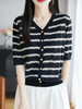 板绘小香风条纹V领针织短袖 莱赛尔材质冰丝凉爽 轻奢小香风气质 轻薄透气 显瘦百搭 商品缩略图3