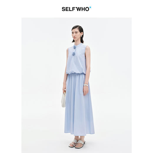 [乔欣同款]SELFWHO蓝色棉混纺立领无袖花苞背心女夏新款短款马甲 商品图1