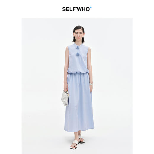 [乔欣同款]SELFWHO蓝色棉混纺立领无袖花苞背心女夏新款短款马甲 商品图2