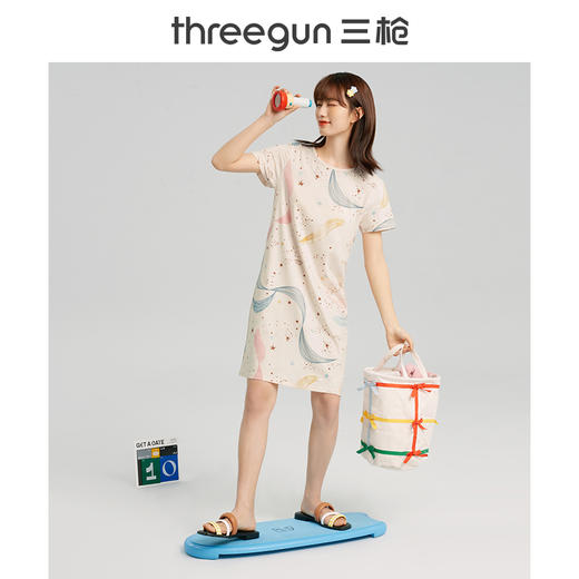 Threegun三枪 【水柔棉】圆领短袖女士家居裙睡裙-70479A011 商品图6