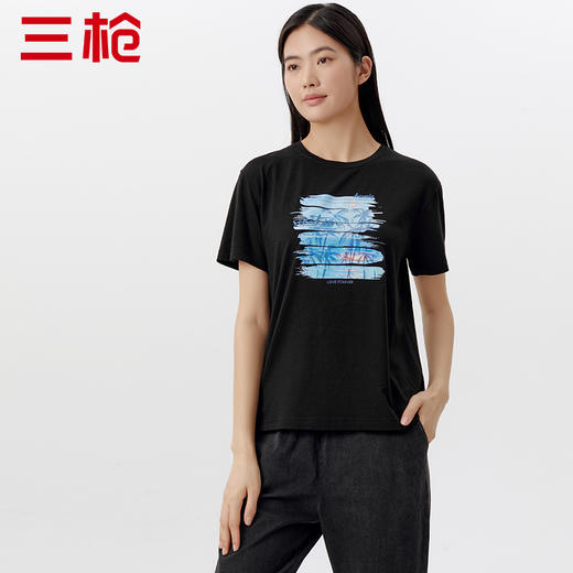 Threegun三枪 【爽滑竹棉】印花圆领女士短袖上衣打底衫-24110A011 商品图8