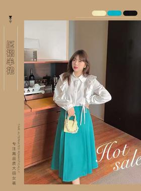 已停发，预计3.4日发【诗铭洛可】W760半裙简约绿色压褶半身裙