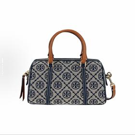 TORY BURCH 汤丽柏琦 T Monogram 经典品牌标志印花 棉 单肩斜挎手提包 小号 女款 海军蓝