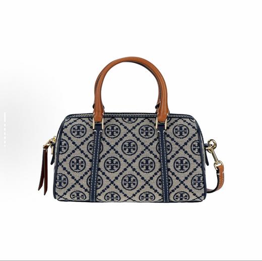 TORY BURCH 汤丽柏琦 T Monogram 经典品牌标志印花 棉 单肩斜挎手提包 小号 女款 海军蓝 商品图0