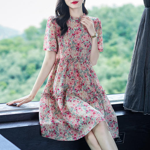 丁摩 复古粉色小碎花真丝连衣裙宽时尚短袖桑蚕丝A字裙子5ZF-69361 商品图2