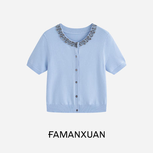 丁摩 【星钻系列】粉色钉珠针织开衫女短袖夏小香风毛衣miu系上衣5ZF-645871 商品图7