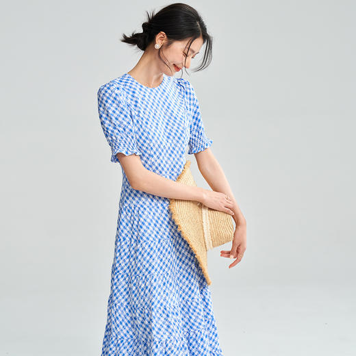 丁摩 夏季新款蓝白格子气质收腰连衣裙女短袖长裙5ZF-18280 商品图2