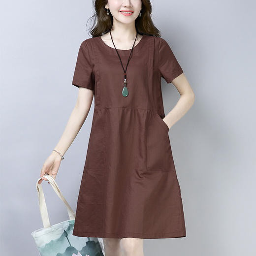 丁摩 纯色棉麻连衣裙女夏季中长款气质亚麻小个子a字裙休闲裙子5ZF-866 商品图2