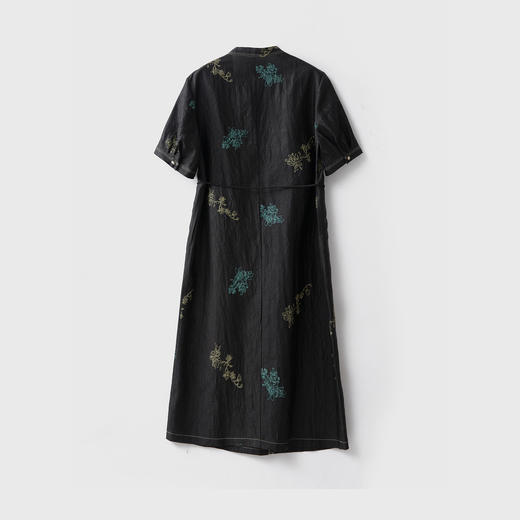 丁摩 真丝香云纱刺绣V领中长裙女奢华老龟纹100桑蚕丝短袖连衣裙夏5ZF-52046 商品图3