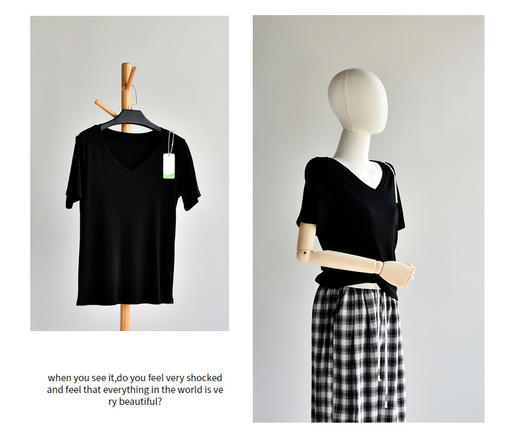 丁摩 【优可丝棉长颈T】黑色v领正肩女夏季半袖短袖t恤女大码上衣5ZF-B227 商品图6