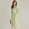 丁摩 夏法式V领清新绿色印花连衣裙灯笼袖收腰开叉度假风长裙5ZF-15695 商品缩略图5