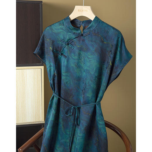 丁摩 真丝香云纱改良旗袍连衣裙女100桑蚕丝立领收腰短袖长裙夏5ZF-52089 商品图1