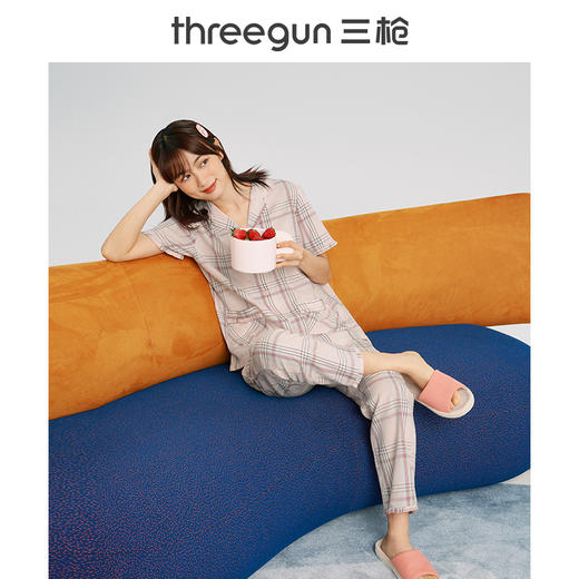 Threegun三枪 【纯棉】彩格翻领开襟短袖长裤女士家居套家居服-81858D111 商品图9