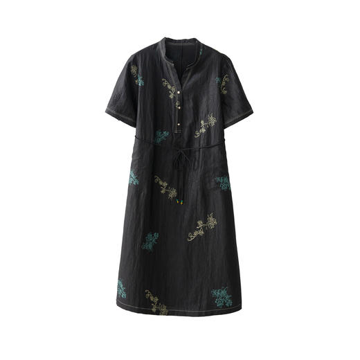 丁摩 真丝香云纱刺绣V领中长裙女奢华老龟纹100桑蚕丝短袖连衣裙夏5ZF-52046 商品图5