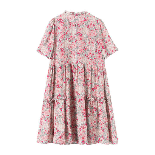 丁摩 复古粉色小碎花真丝连衣裙宽时尚短袖桑蚕丝A字裙子5ZF-69361 商品图4