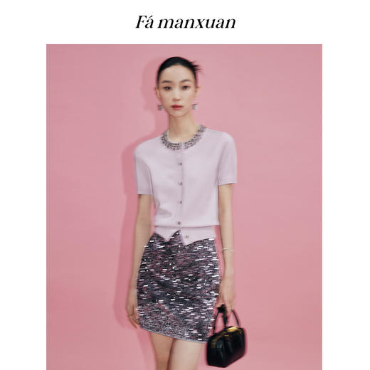 丁摩 【星钻系列】粉色钉珠针织开衫女短袖夏小香风毛衣miu系上衣5ZF-645871 商品图2