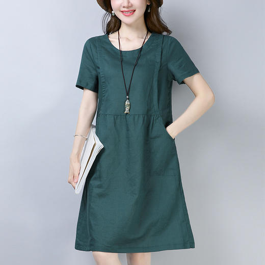 丁摩 纯色棉麻连衣裙女夏季中长款气质亚麻小个子a字裙休闲裙子5ZF-866 商品图3