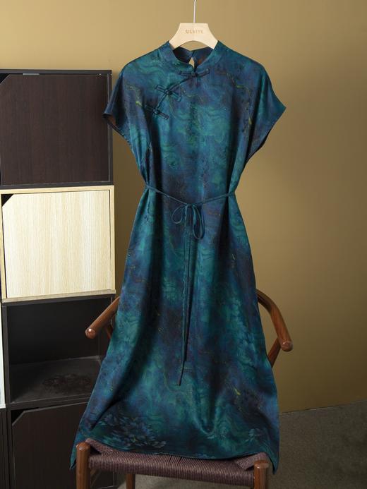 丁摩 真丝香云纱改良旗袍连衣裙女100桑蚕丝立领收腰短袖长裙夏5ZF-52089 商品图5