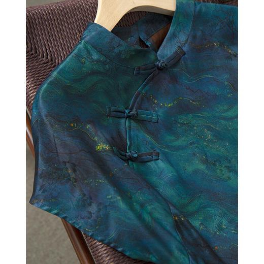 丁摩 真丝香云纱改良旗袍连衣裙女100桑蚕丝立领收腰短袖长裙夏5ZF-52089 商品图2