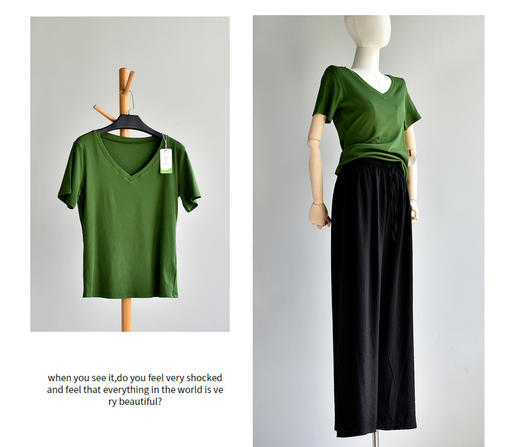 丁摩 【优可丝棉长颈T】黑色v领正肩女夏季半袖短袖t恤女大码上衣5ZF-B227 商品图7