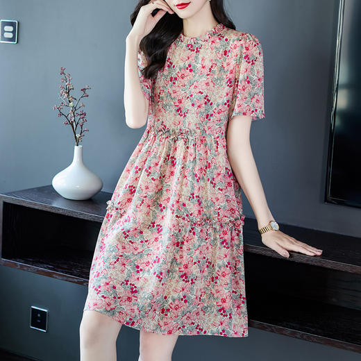 丁摩 复古粉色小碎花真丝连衣裙宽时尚短袖桑蚕丝A字裙子5ZF-69361 商品图1