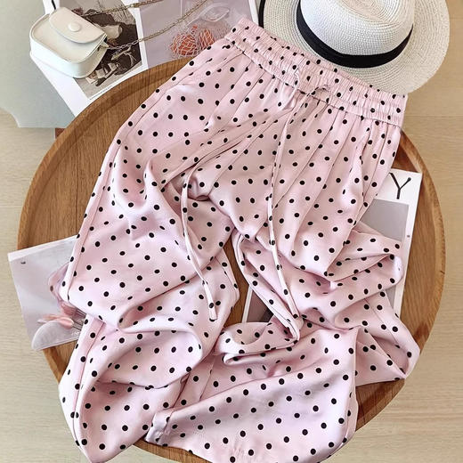 丁摩 【高品质】冰丝波点阔腿裤女夏季慵懒感高腰显瘦宽松仿醋酸缎面直筒裤子5ZF-B03 商品图3