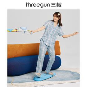 Threegun三枪 【纯棉】彩格翻领开襟短袖长裤女士家居套家居服-81858D111