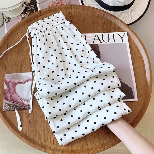 丁摩 【高品质】冰丝波点阔腿裤女夏季慵懒感高腰显瘦宽松仿醋酸缎面直筒裤子5ZF-B03 商品图2