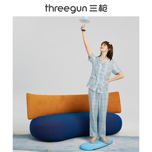 Threegun三枪 【纯棉】彩格翻领开襟短袖长裤女士家居套家居服-81858D111 商品图5