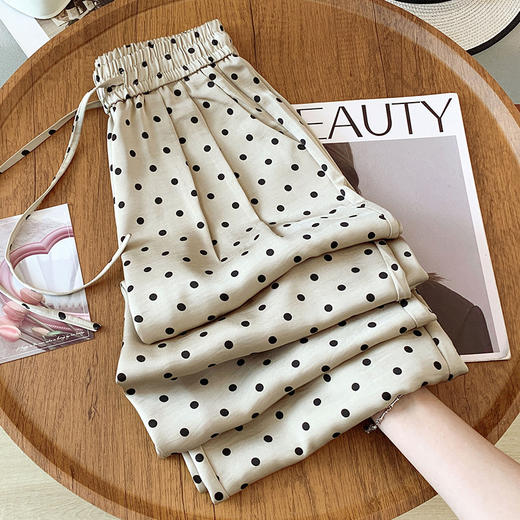 丁摩 【高品质】冰丝波点阔腿裤女夏季慵懒感高腰显瘦宽松仿醋酸缎面直筒裤子5ZF-B03 商品图5