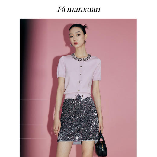 丁摩 【星钻系列】粉色钉珠针织开衫女短袖夏小香风毛衣miu系上衣5ZF-645871 商品图3