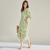 丁摩 夏法式V领清新绿色印花连衣裙灯笼袖收腰开叉度假风长裙5ZF-15695 商品缩略图2