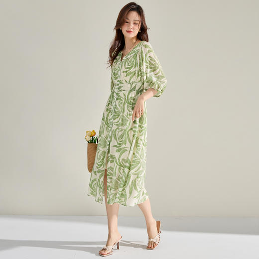 丁摩 夏法式V领清新绿色印花连衣裙灯笼袖收腰开叉度假风长裙5ZF-15695 商品图2