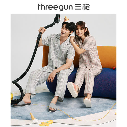 Threegun三枪 【纯棉】彩格翻领开襟短袖长裤女士家居套家居服-81858D111 商品图3