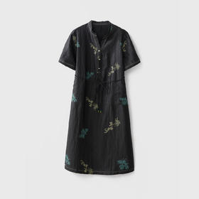 丁摩 真丝香云纱刺绣V领中长裙女奢华老龟纹100桑蚕丝短袖连衣裙夏5ZF-52046