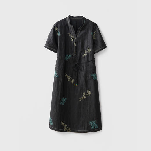 丁摩 真丝香云纱刺绣V领中长裙女奢华老龟纹100桑蚕丝短袖连衣裙夏5ZF-52046 商品图0