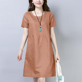 丁摩 纯色棉麻连衣裙女夏季中长款气质亚麻小个子a字裙休闲裙子5ZF-866