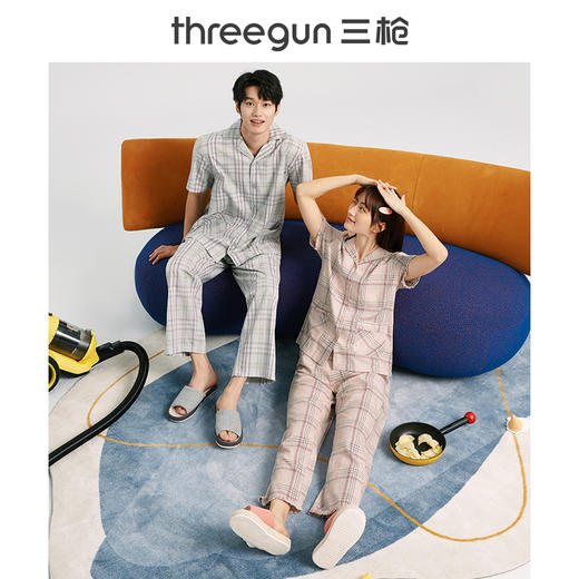 Threegun三枪 【纯棉】彩格翻领开襟短袖长裤女士家居套家居服-81858D111 商品图4