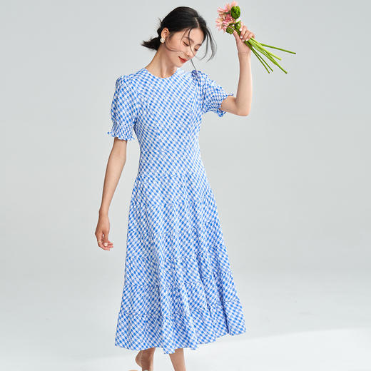 丁摩 夏季新款蓝白格子气质收腰连衣裙女短袖长裙5ZF-18280 商品图1