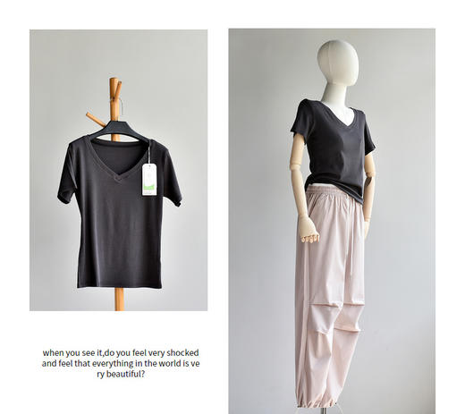 丁摩 【优可丝棉长颈T】黑色v领正肩女夏季半袖短袖t恤女大码上衣5ZF-B227 商品图9