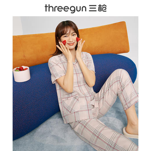 Threegun三枪 【纯棉】彩格翻领开襟短袖长裤女士家居套家居服-81858D111 商品图10
