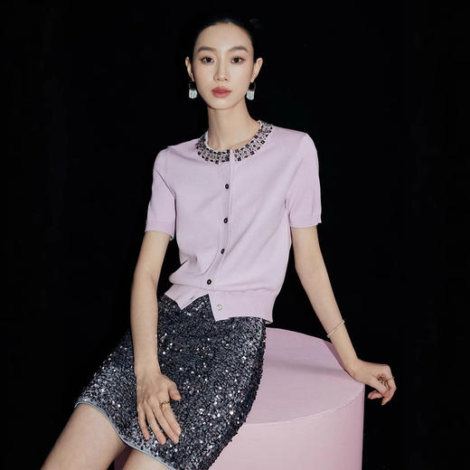丁摩 【星钻系列】粉色钉珠针织开衫女短袖夏小香风毛衣miu系上衣5ZF-645871 商品图0