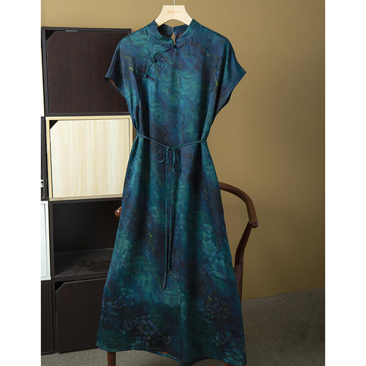 丁摩 真丝香云纱改良旗袍连衣裙女100桑蚕丝立领收腰短袖长裙夏5ZF-52089 商品图0