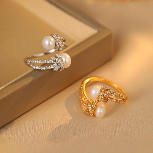 雀说天然淡水珍珠麻绳开口戒高级感微镶满锆时尚戒指超闪百搭轻奢饰品AL1021 商品图0